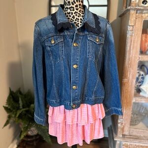 Tory Burch Denim Barn Jacket Eyelet Collar XL
